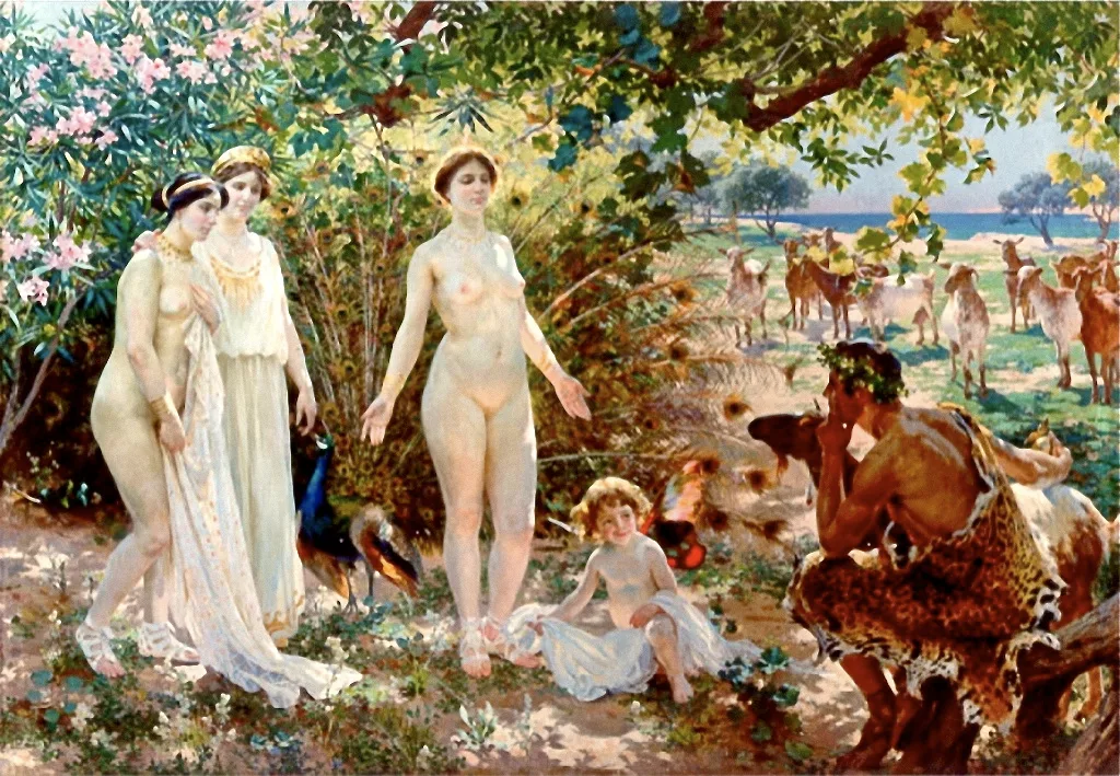 El Juicio de Paris by Enrique Simonet, 1904. Paris is holding the golden apple on his right hand while surveying the god