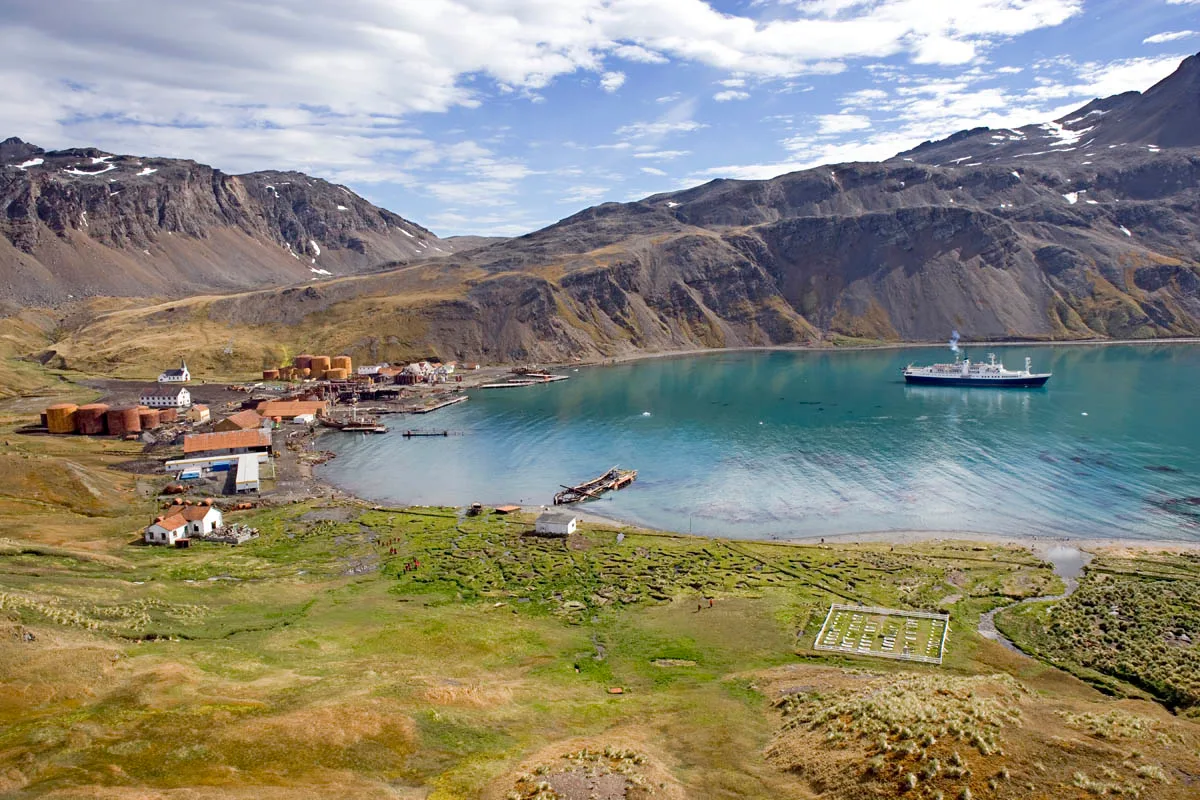 Grytviken Harbour, showing the whaling station, church and cemetery with Shackleton's grave