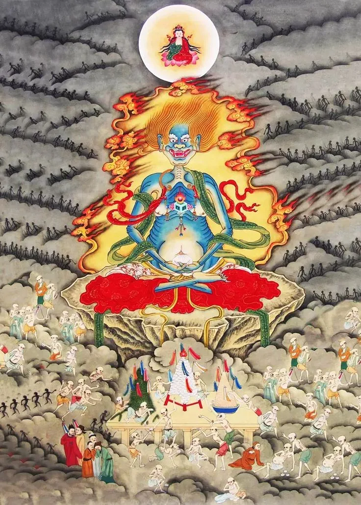 Ming dynasty (1368 - 1644) Shuilu ritual painting of Mianran Dashi, a manifestation of Guanyin as a hungry ghost king from Baoning Temple in Shanxi, China.