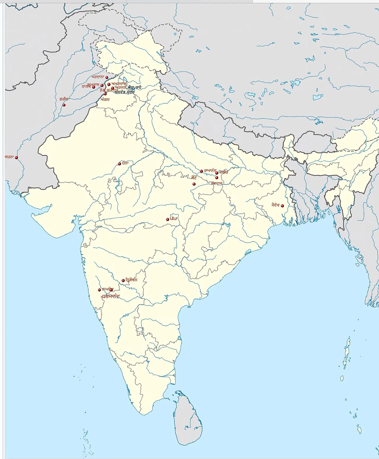 Map showing birthplace of various contributors of Guru Granth Sahib