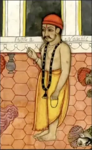 Detail of Guru Nanak from a Janamsakhi painting of Guru Nanak praying at the mosque with the Muslims. North India, circa