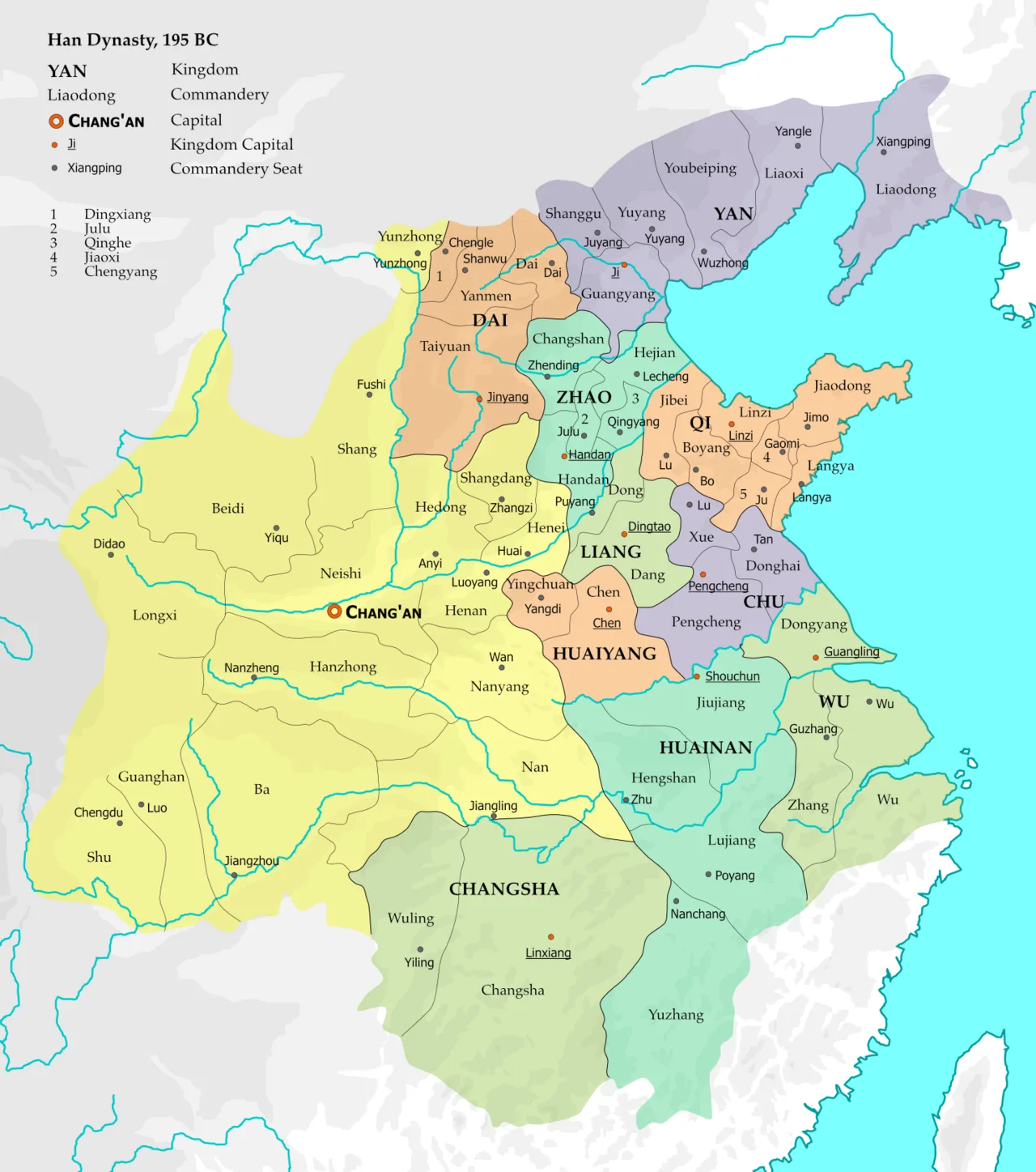 Thirteen direct-controlled commanderies including the capital region (yellow) and ten semi-autonomous kingdoms, 195 BC