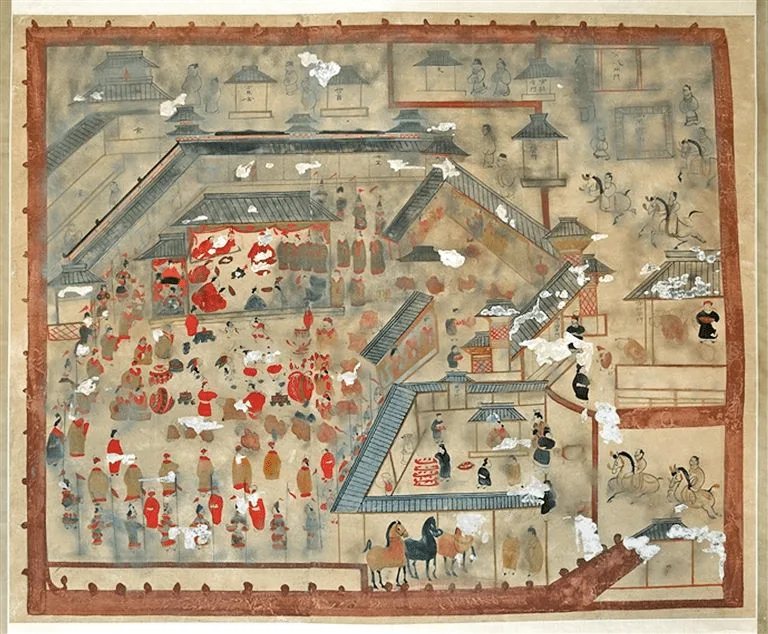 An Eastern Han (25–220) period Chinese mural of a mufu conference conducted by the Commandant-protector of the Wuhuan (护