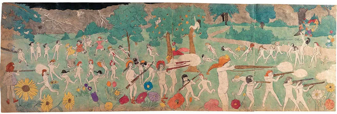 A painting showing a battle scene. A group of young girls, mainly nude, are fighting a pitched battle in a colorful forest scene, with a lightning storm behind them. Some of the girls lie dying on the ground.