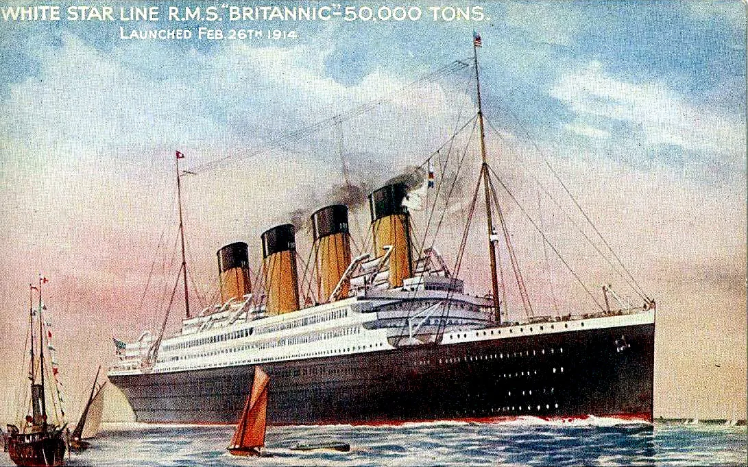 A postcard, after a painting by Charles Dixon, showing Britannic at sea in her original White Star livery