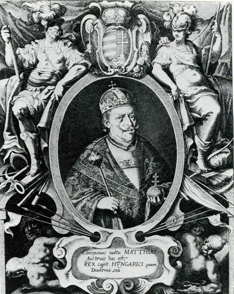 An engraving of Matthias II of Hungary, showing the cross in vertical position