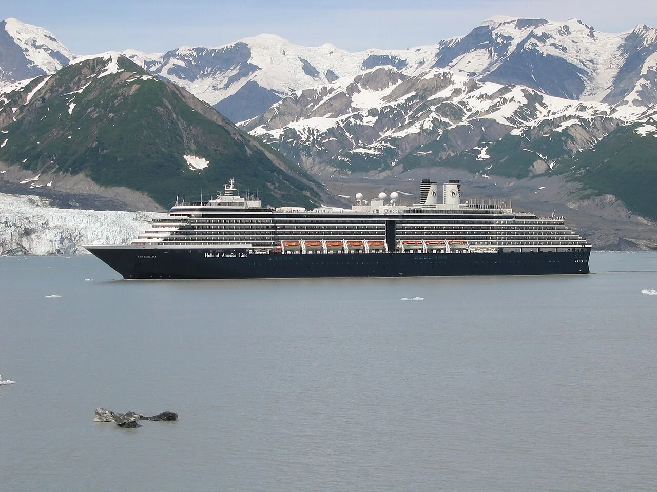 Holland America Line's MS Oosterdam passing Turner Glacier while leaving Disenchantment Bay