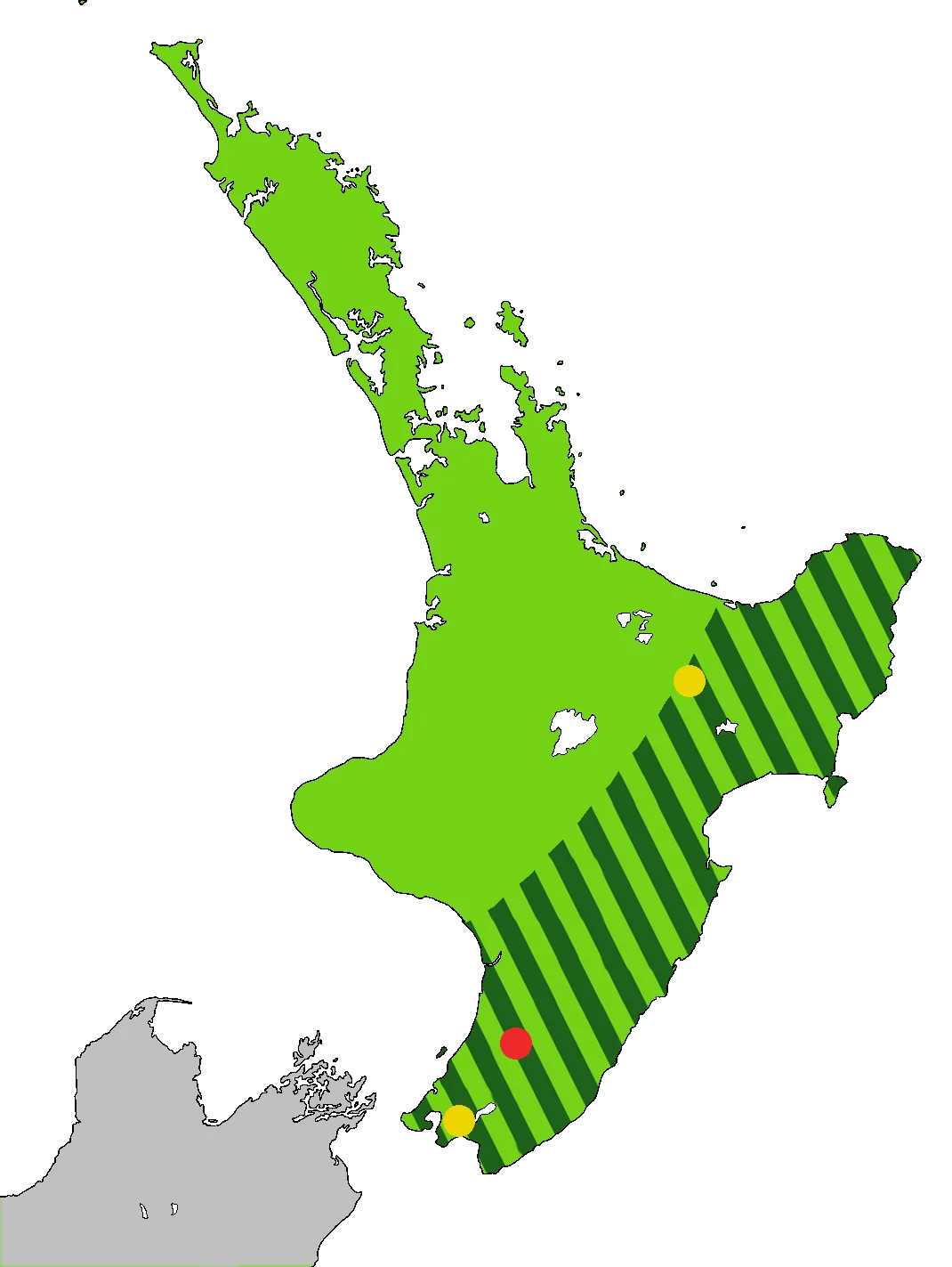 Map of the North Island of New Zealand coloured light green with dark green stripes from the central mountains to the sea along the east coast to Wellington, and one red and two yellow dots.