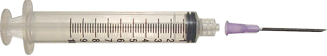 Syringe on left, hypodermic needle with attached colour coded Luer-Lock connector on right