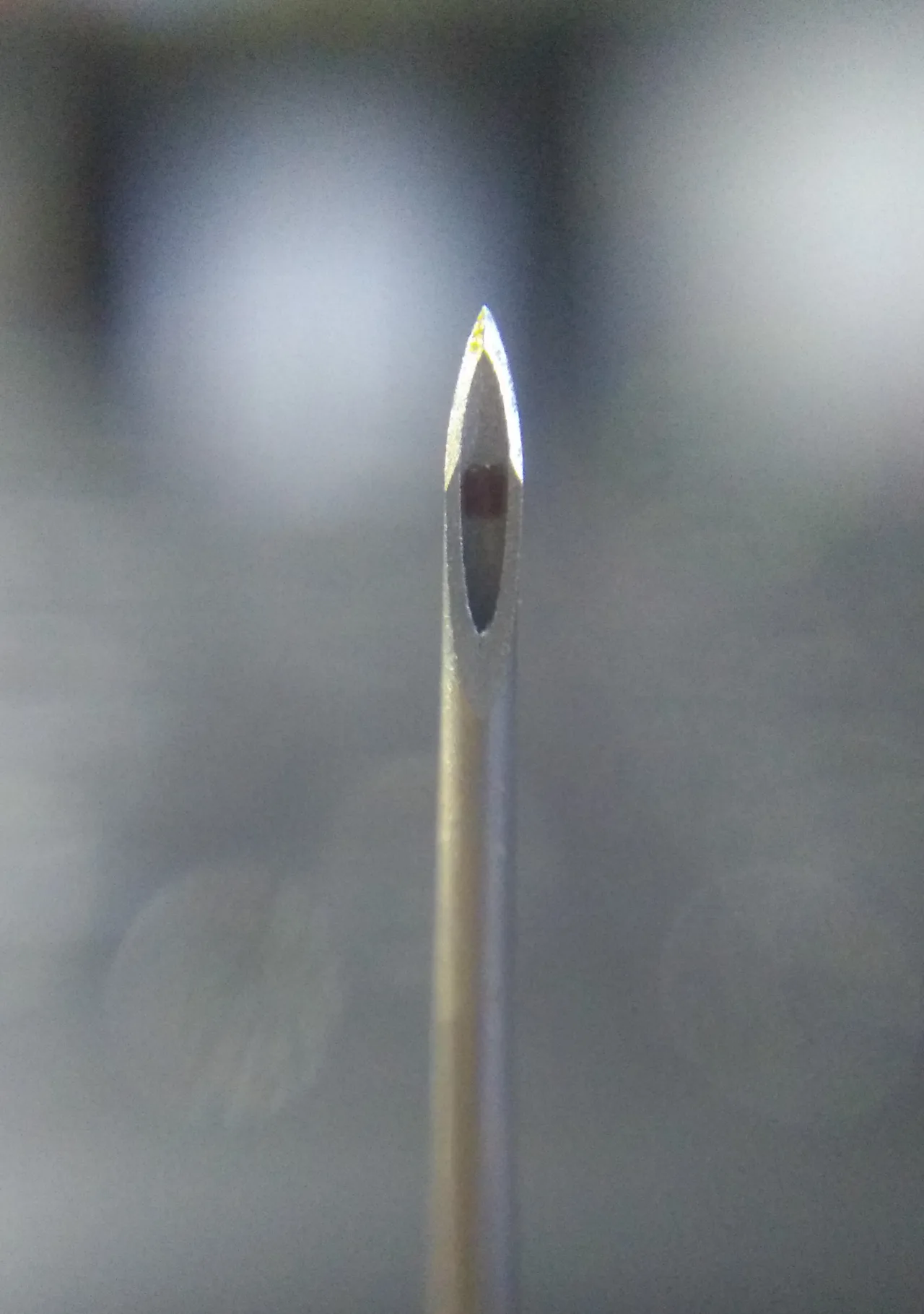 A hypodermic needle tip under microscope