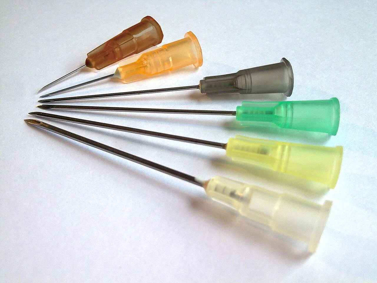 Six hypodermic needles on Luer connectors. These needles are normally used with other medical devices, such as a syringe