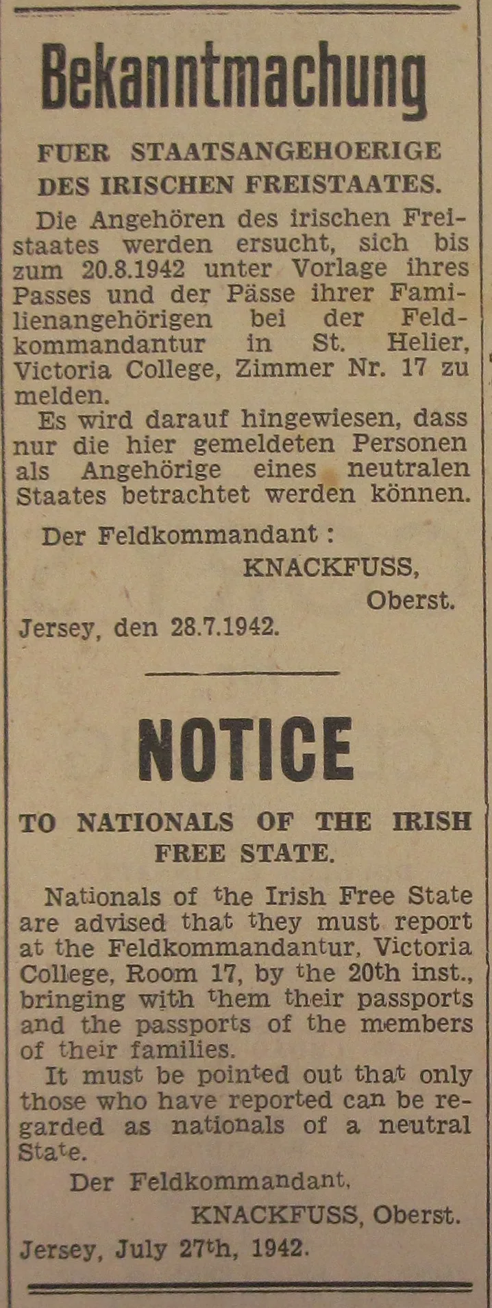 Notice from German-occupied Jersey inviting Irish citizens to register as "nationals of a neutral state."