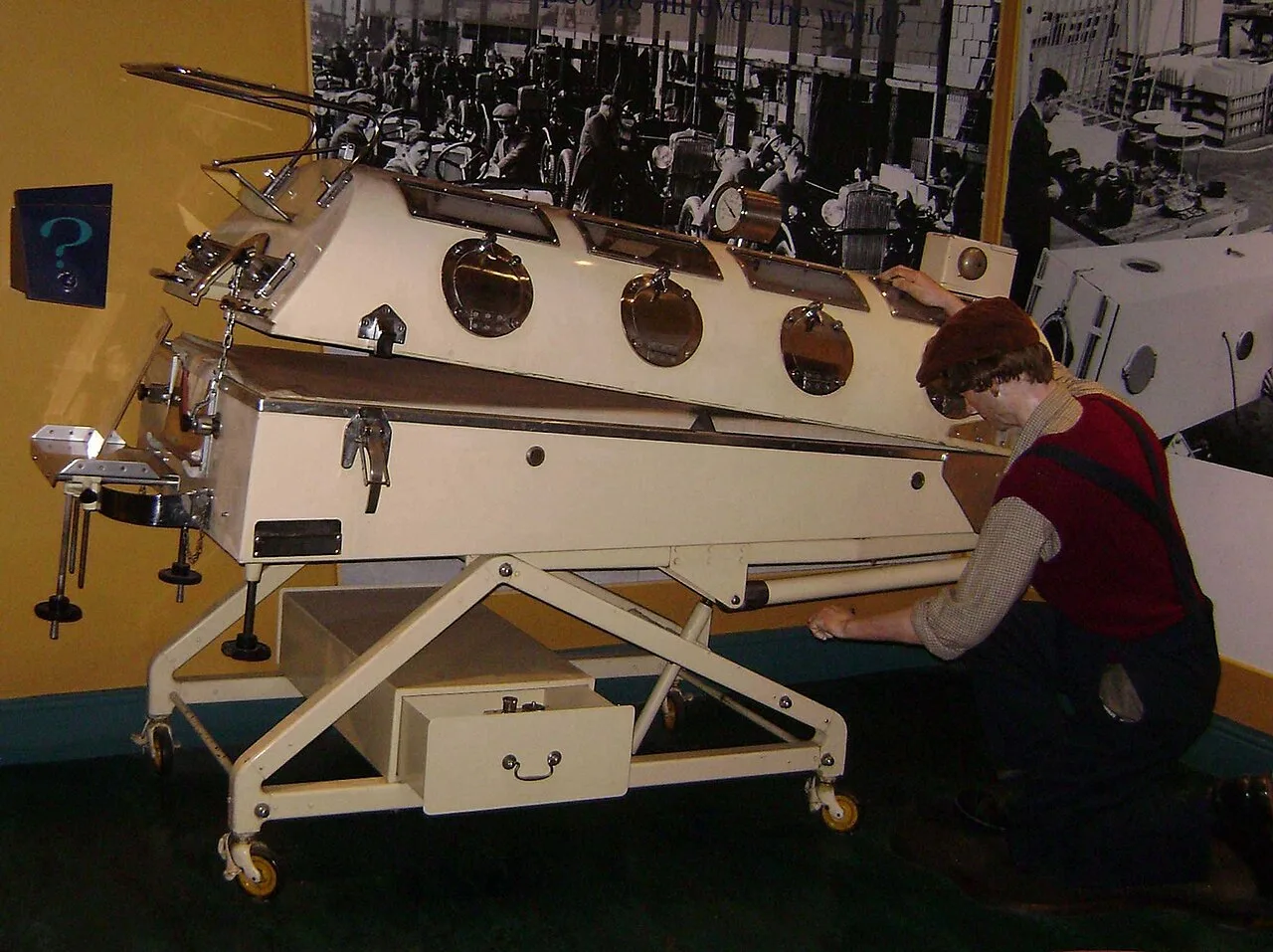 Both–Nuffield iron lung display at the Thackray Museum of Medicine, Leeds. Pictures show assembly at the Morris motor works.[35]