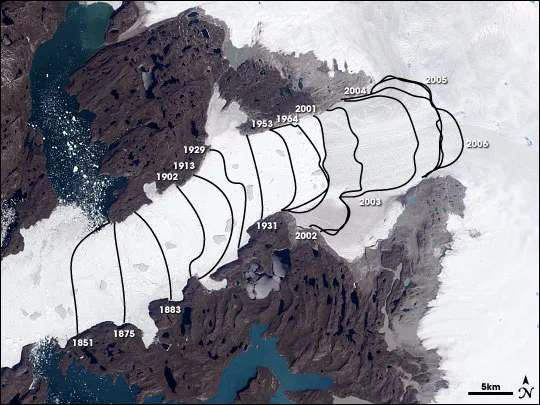 Landsat image of Jakobshavn Glacier. The lines show the position of the calving front of the Jakobshavn Glacier since 18