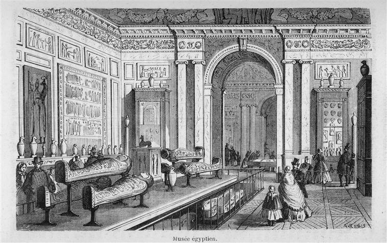 The first room of the Egyptian collection in the Louvre as it was in 1863, very similar to Champollion's original design