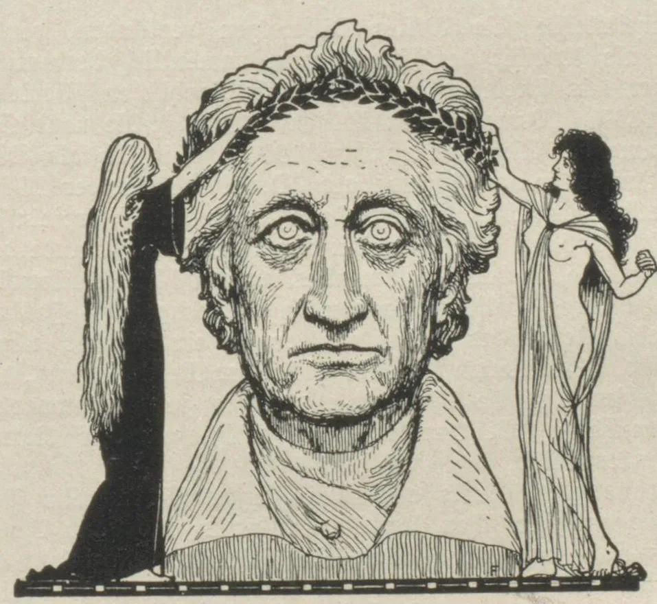 Black-and-white illustration of a large stone-like male head, with two nude female figures standing on either side, one crowning it with a laurel wreath.