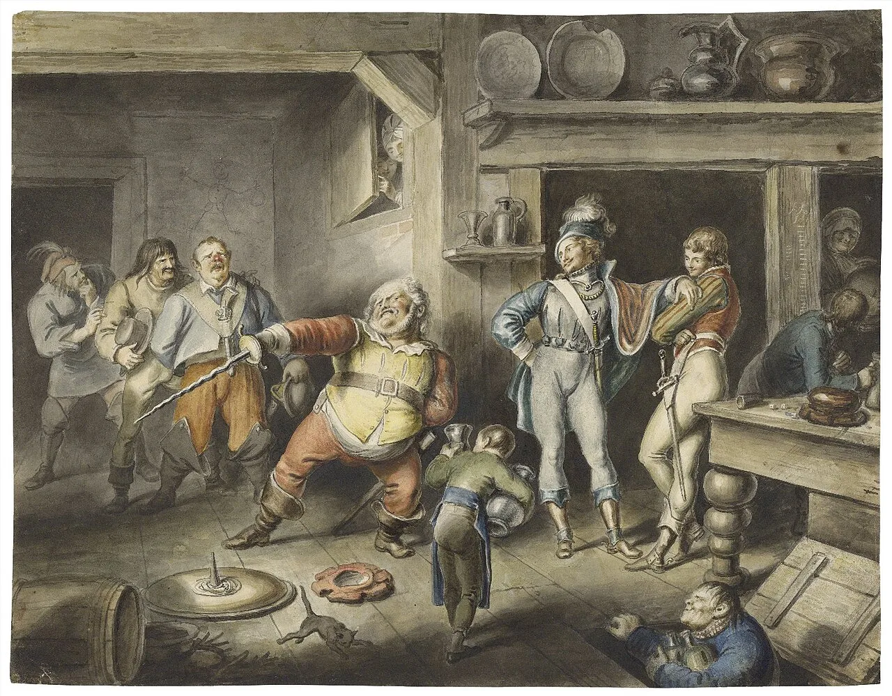1829 watercolour by Johann Heinrich Ramberg of Act II, Scene iv; Falstaff enacts the part of the king