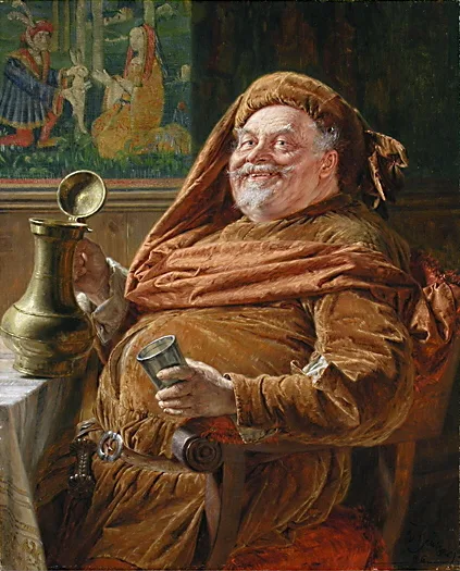 Eduard von Grützner: Falstaff mit großer Weinkanne und Becher (1896) (Falstaff with big wine jar and cup)