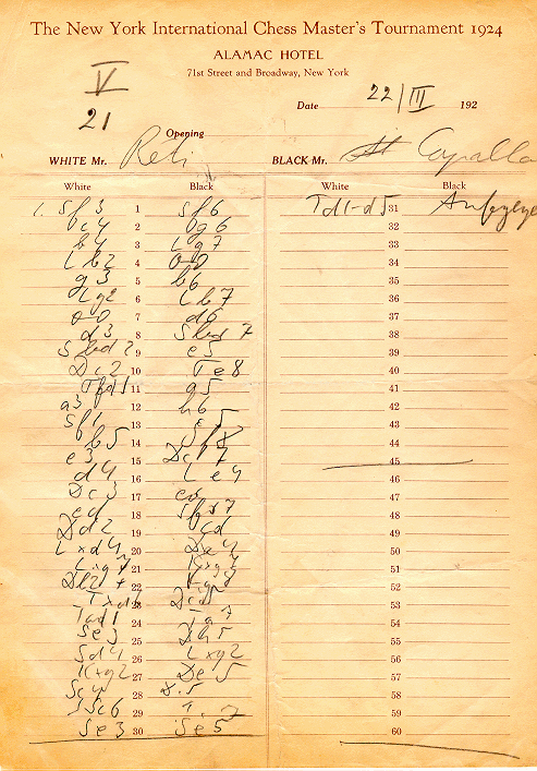 The score sheet of Capablanca's defeat by Richard Réti in the New York 1924 chess tournament, his first loss in eight ye