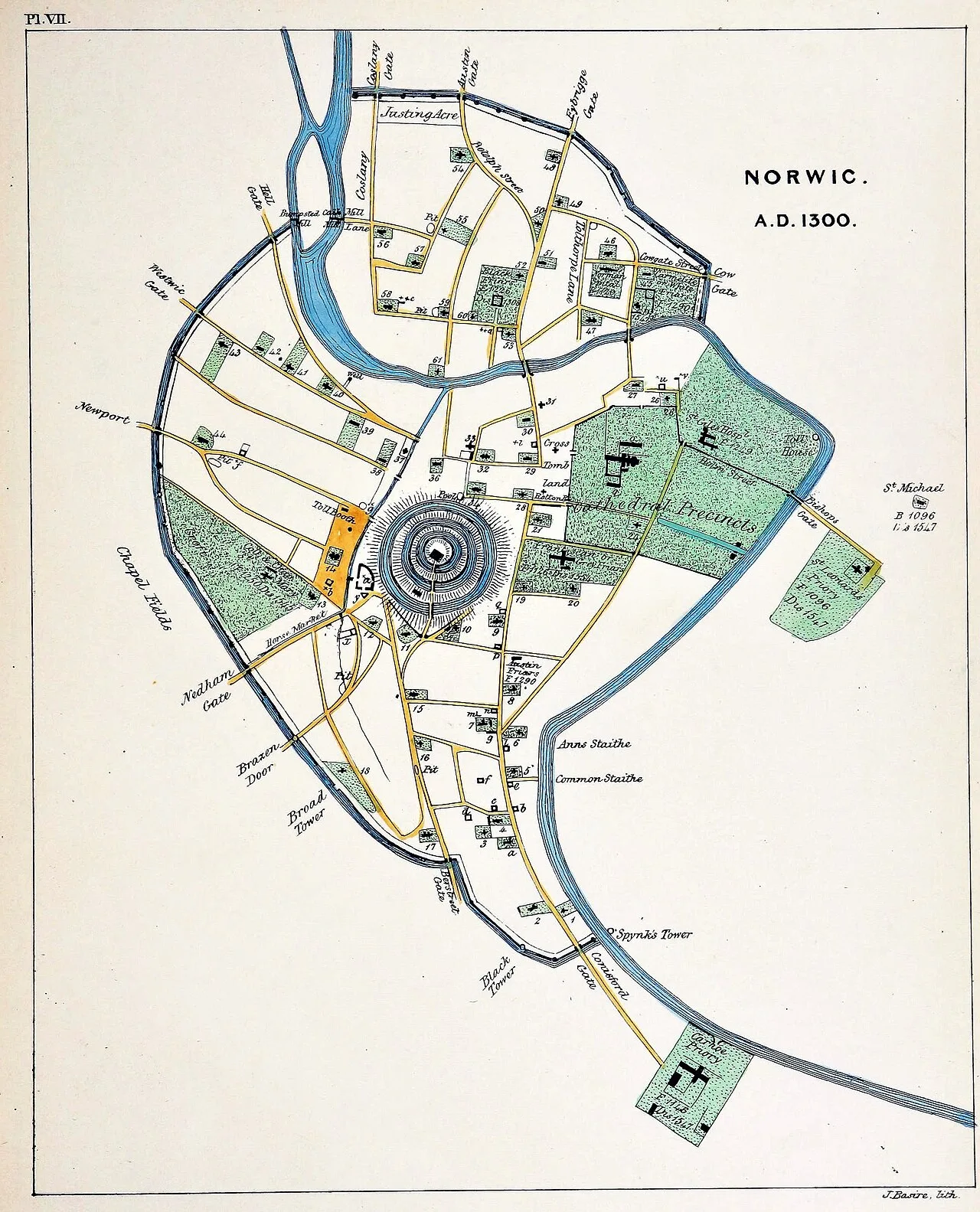Map of 14th-century Norwich (c. 1300) by Samuel Woodward (1847); St Julian's Church, towards the south of the map, is circled in red, on the west bank of the Yare.
