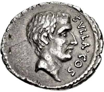 Sulla, depicted on the obverse of a denarius minted by Quintus Pompeius Rufus in 54 BC. Sulla took the city in 82 BC, pu