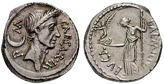 A denarius depicting Julius Caesar, dated to February–March 44 BC – the goddess Venus is shown on the reverse, holding V