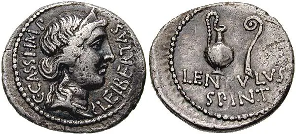 Denarius (42 BC) of Cassius and Lentulus Spinther, depicting the crowned head of Liberty and on the reverse a sacrificia