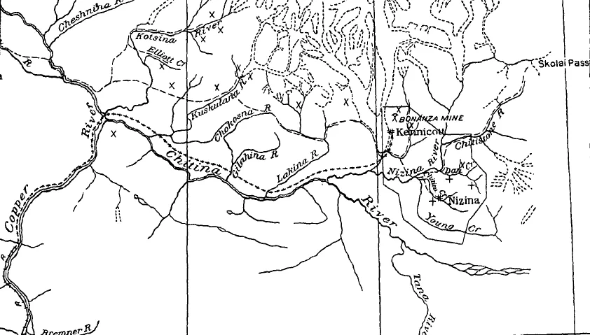 Map of the Chitina River valley. "x" depicts a copper prospect while "+" depicts a gold placer.