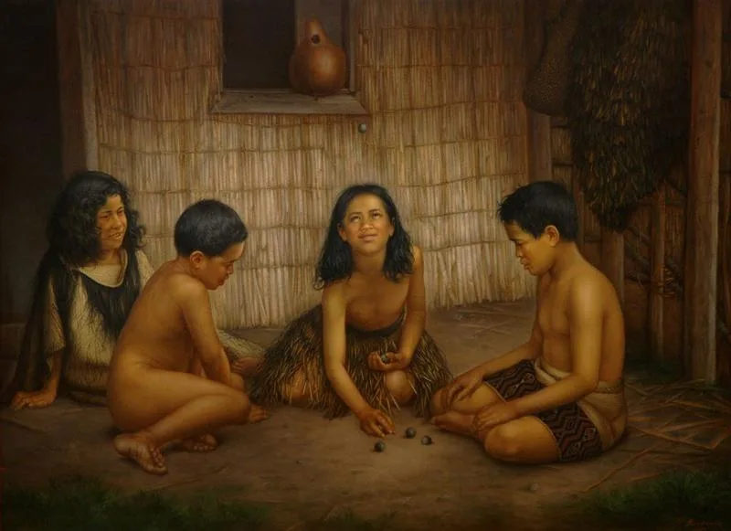 Māori children playing kōruru (Gottfried Lindauer, 1907)