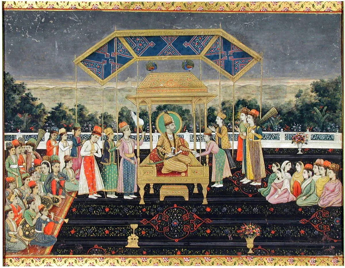 Nader Shah seated on the Peacock Throne after the defeat of the 13th Mughal emperor Muhammad Shah