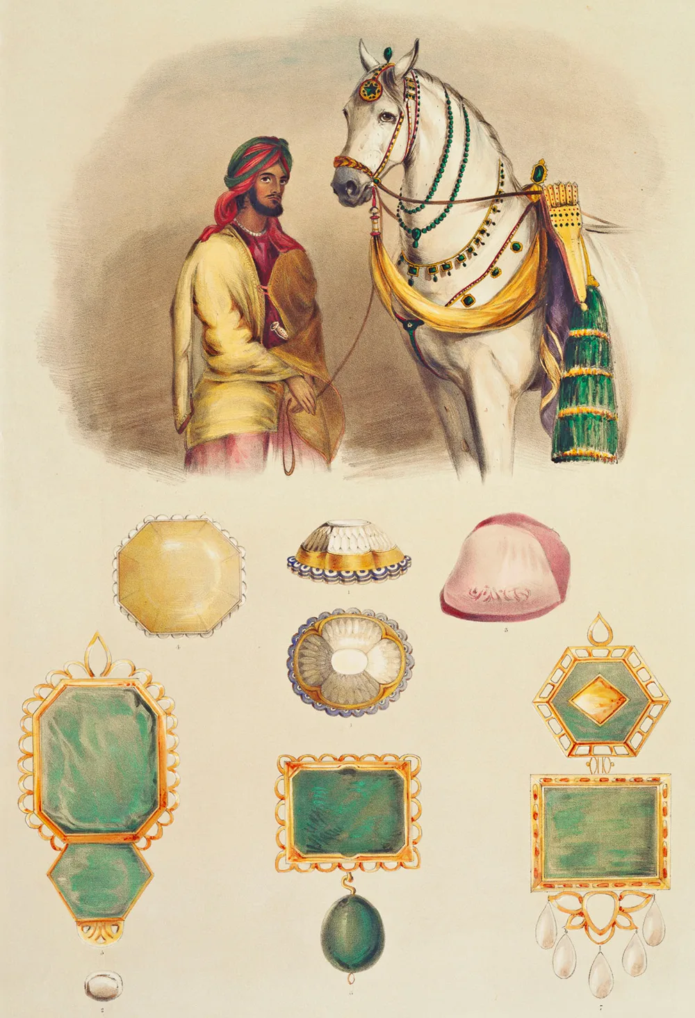 One of Ranjit Singh's favourite horses with the head of his stables. His jewels are shown, to scale, including the Koh-i