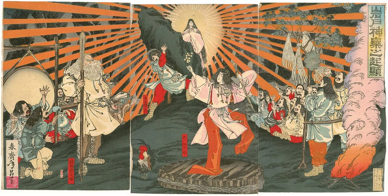 Amaterasu emerges out of the Heavenly Rock Cave (Shunsai Toshimasa, 1889)
