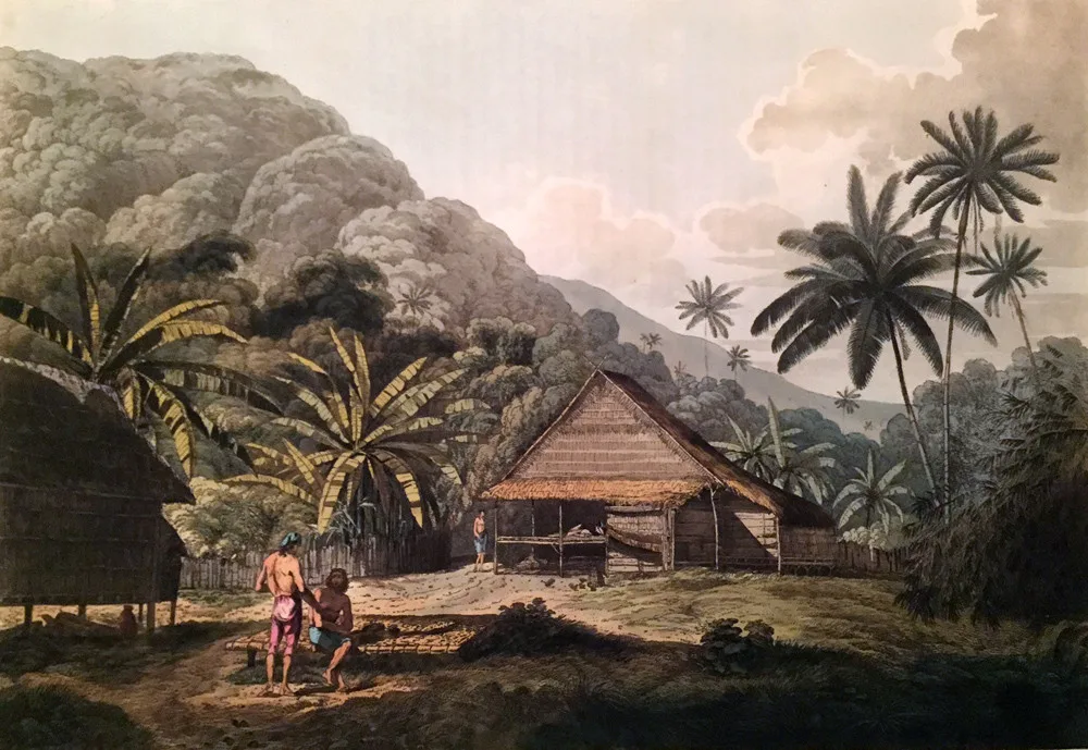 Color illustration showing native's and home surrounded by lush greenery