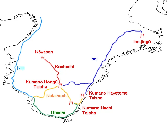 A map showing the main routes of the Kumano Kodo across the Kii Peninsula of Japan.