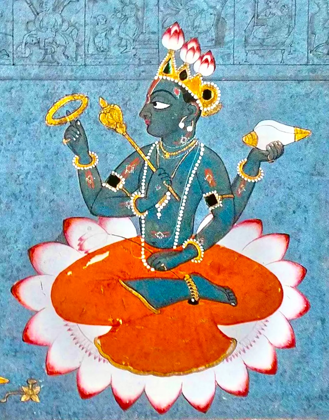 Closeup of Vishnu, seated in the lotus position on a lotus. From depiction of the poet Jayadeva bowing to Vishnu, Gouache on paper Pahari, The very picture of devotion, bare-bodied, head bowed, legs crossed and hands folded, Jayadeva stands at left, with the implements of worship placed before the lotus-seat of Vishnu who sits there, blessing the poet.