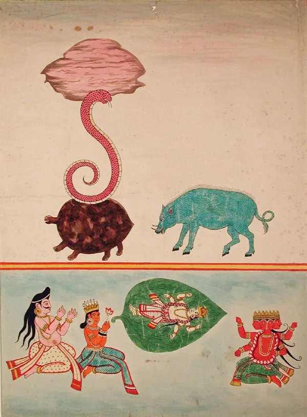 Kurma with Sesa holding the Earth (left), Varaha (right), and Vishnu (below, centre).