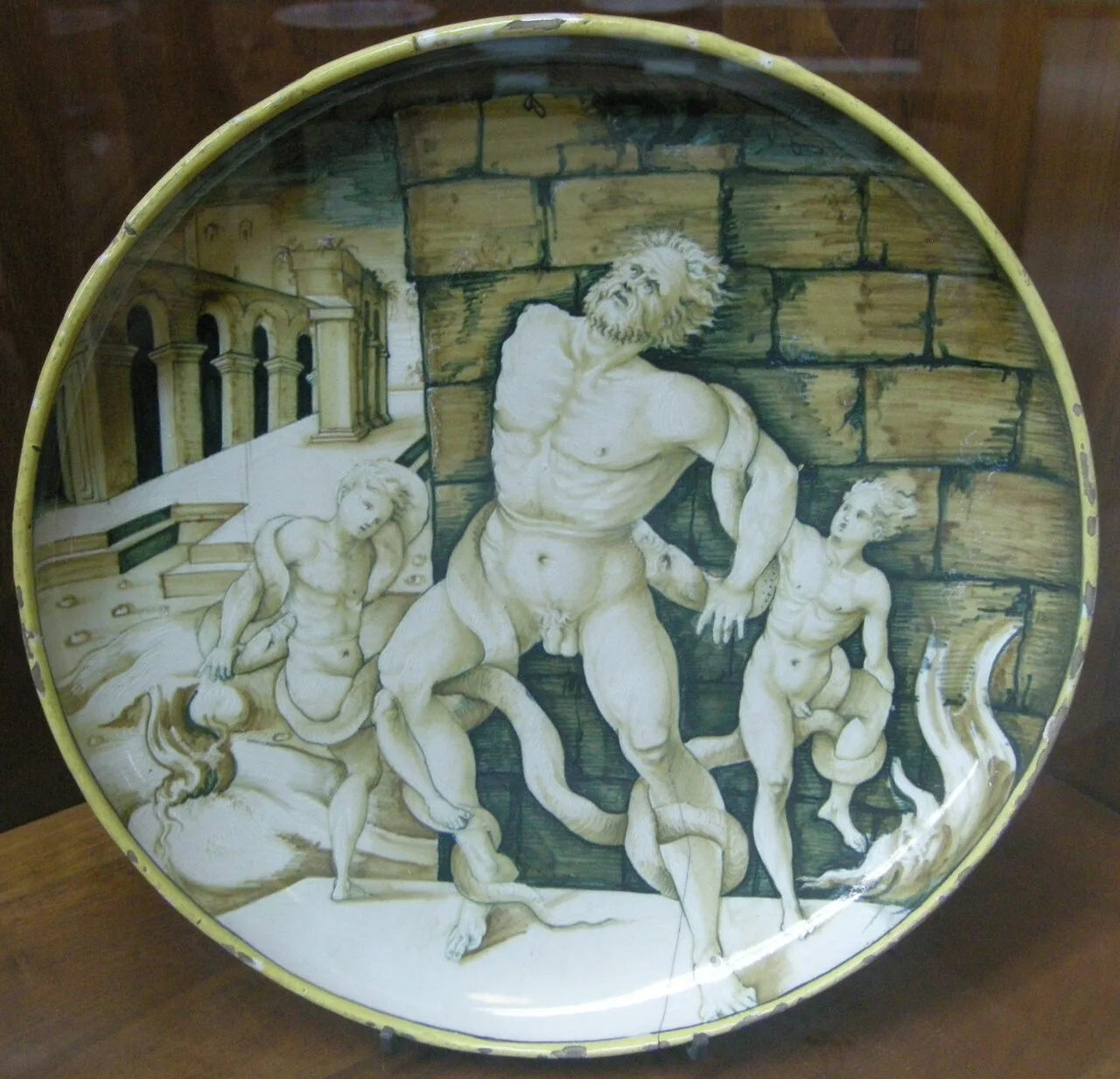 A maiolica rendering, Urbino, c. 1530–1545; note the absent plinth seat