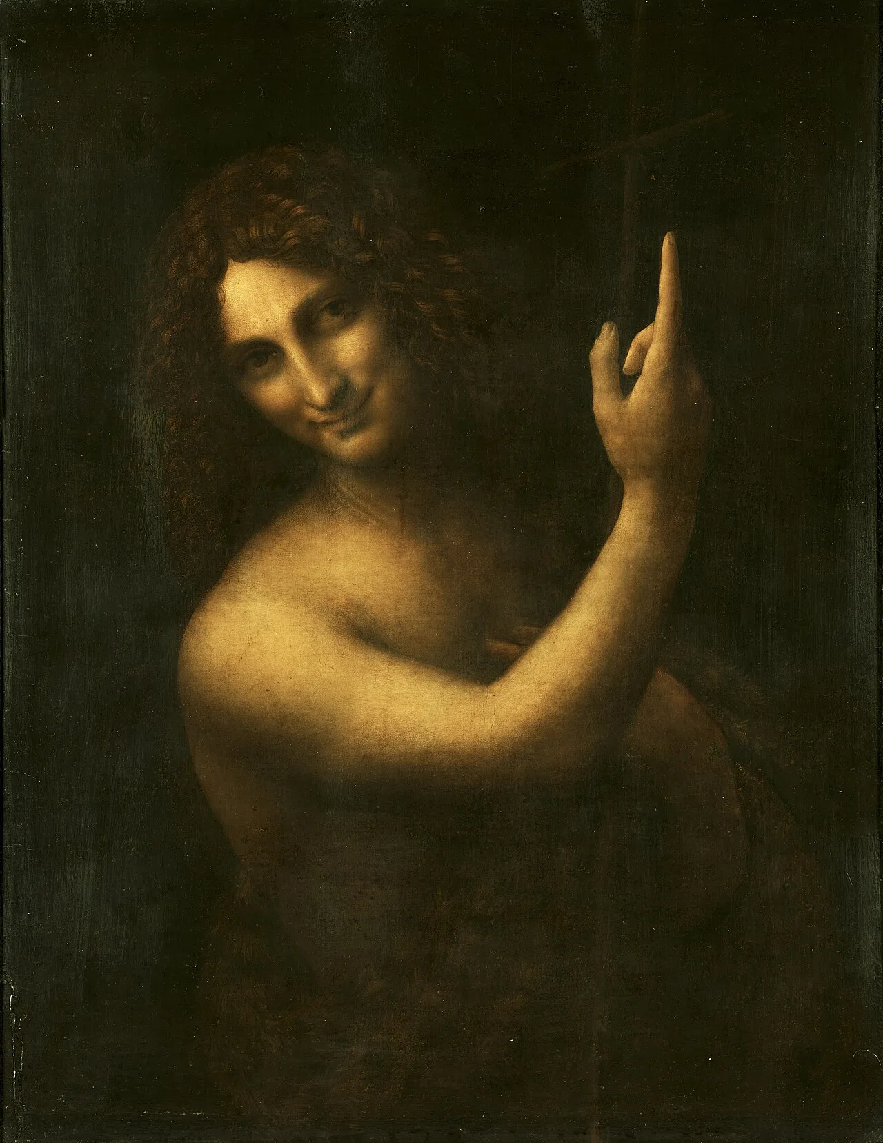 Saint John the Baptist c. 1507–1516,[d 3] Louvre. Leonardo is thought to have used Salaì as the model.[97]
