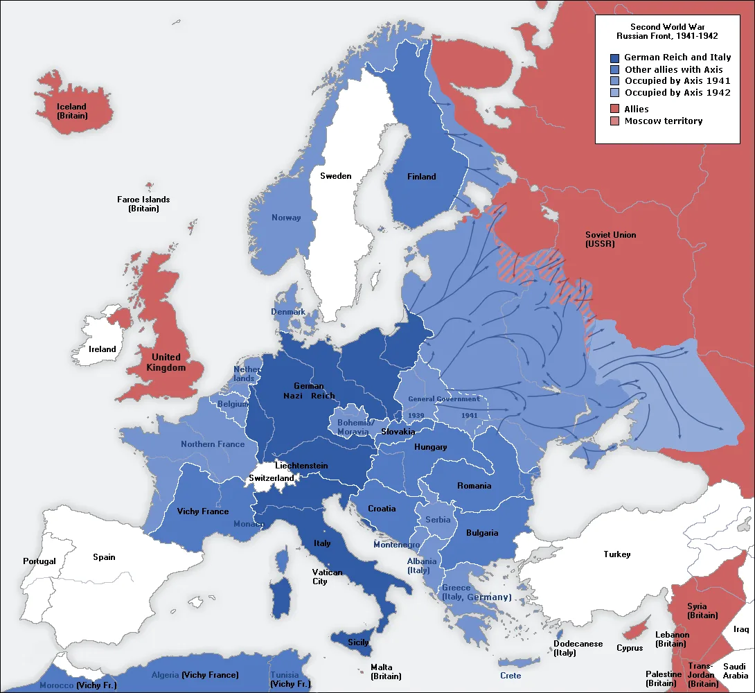 A map of the lines of control of the European front of World War II in 1941 and 1942. Liechtenstein, aside from Switzerland, is surrounded by territory controlled by Nazi Germany.