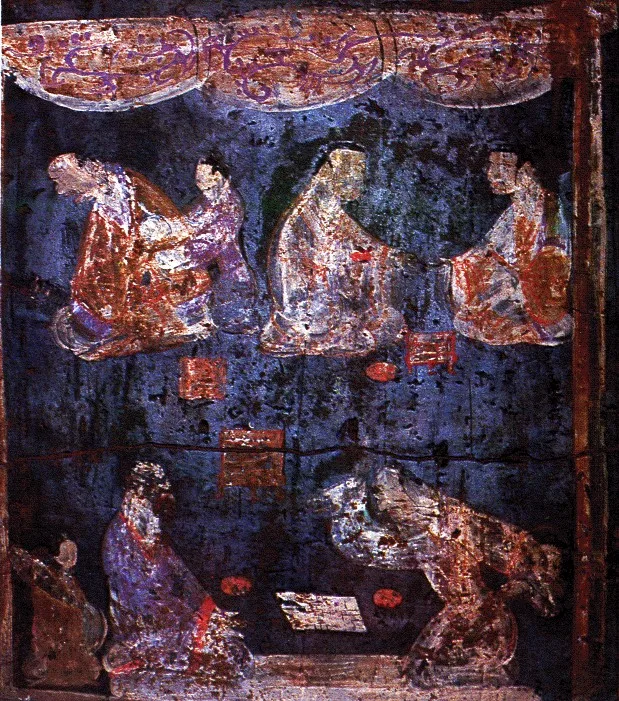 Mural from an Eastern Han dynasty tomb at Luoyang, Henan showing a pair of Liubo players in the foreground, the player o