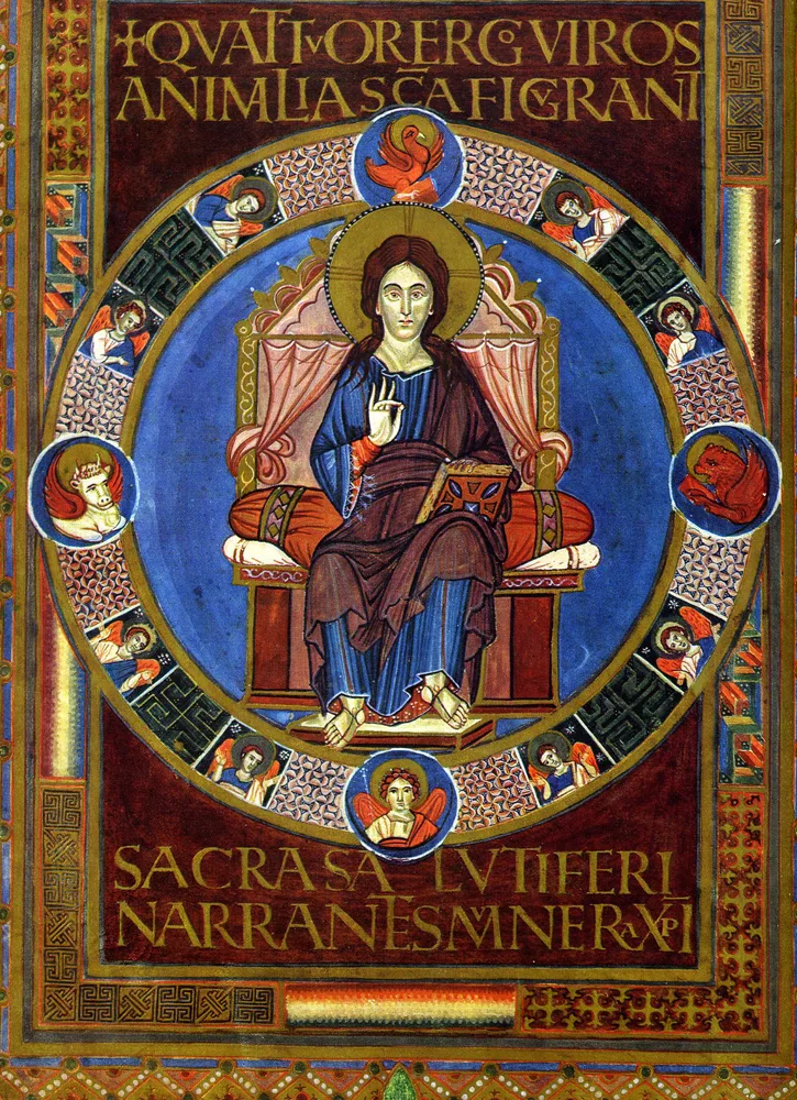 Folio 72 verso of the Codex Aureus of Lorsch contains an illumination of Christ in Majesty