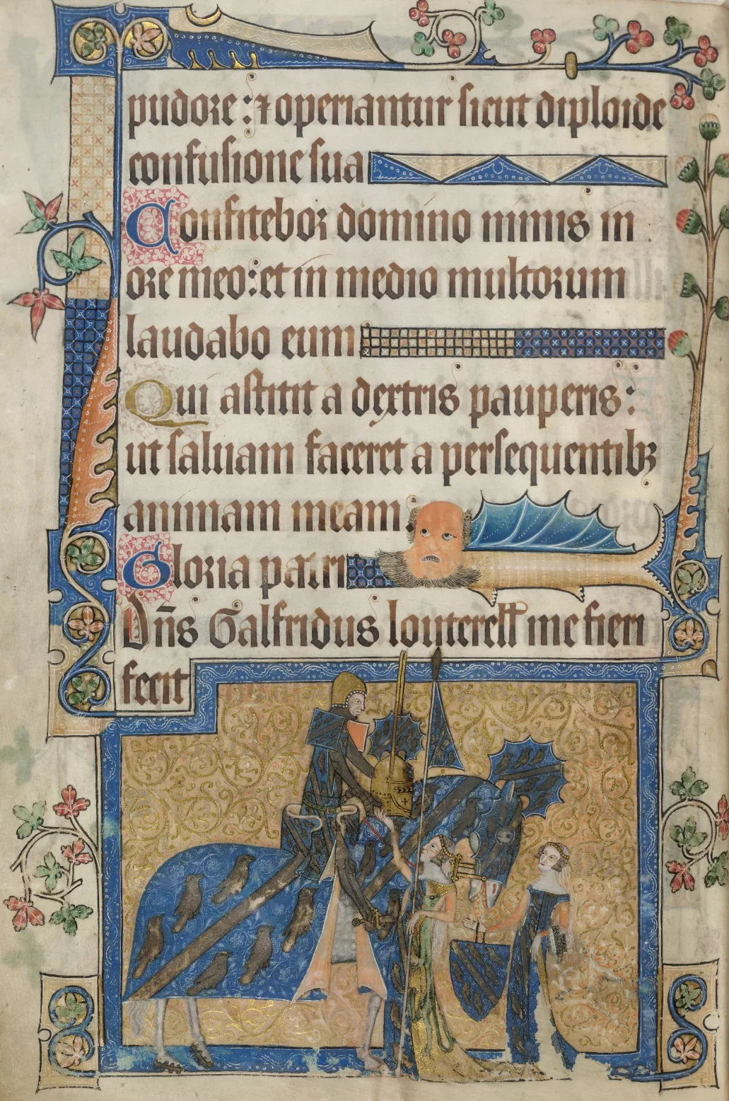 Sir Geoffrey Luttrell, mounted, being assisted by his wife and daughter-in-law. Folio 202v.