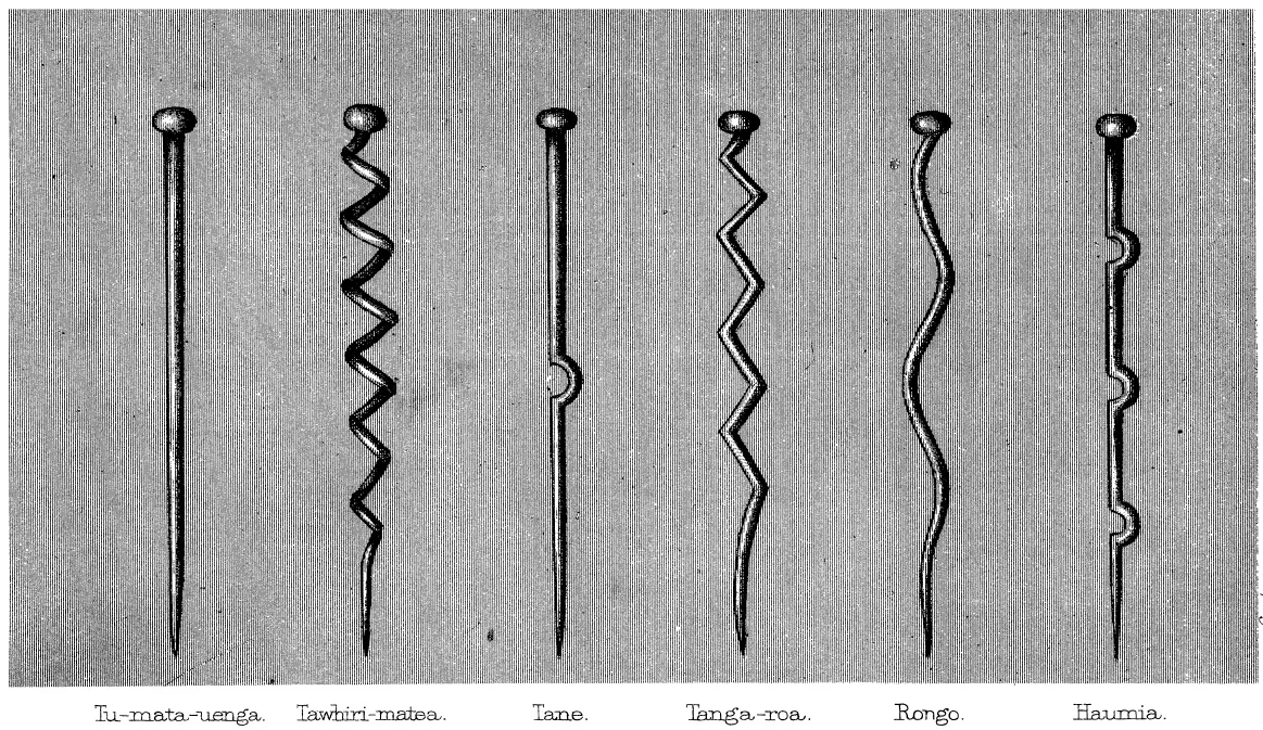 Six major departmental atua represented by wooden godsticks: left to right, Tūmatauenga, Tāwhirimātea, Tāne Mahuta, Tang