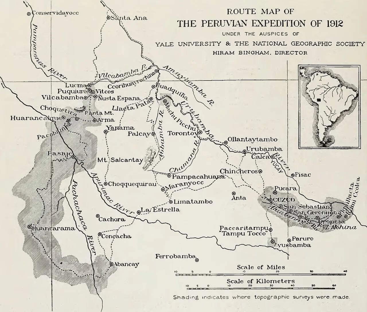 Map showing routes of the 1912 Peruvian expedition, with four topographic surveys areas.
