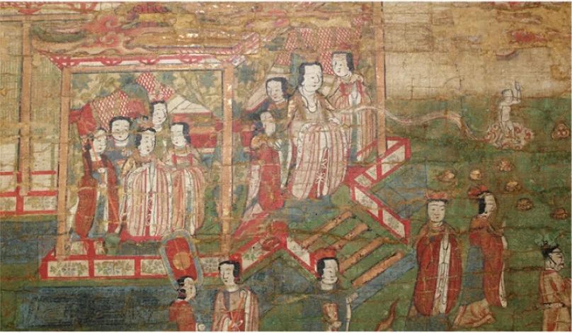 Detail of Mani's Birth, showing the newborn emerged from the chest of his mother