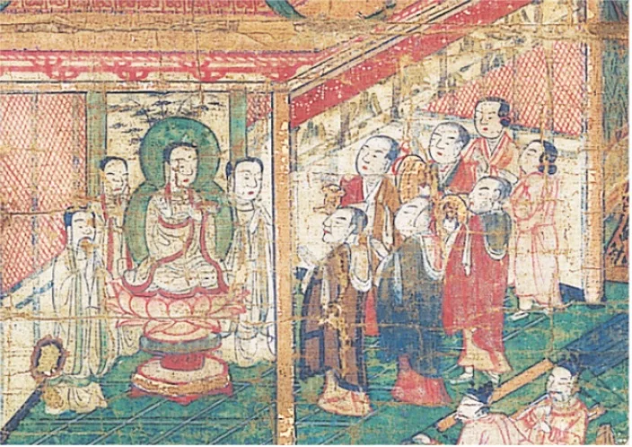 Detail of Mani's Community Established, depicting seven lay people bringing offerings to shrine with statue of Mani and