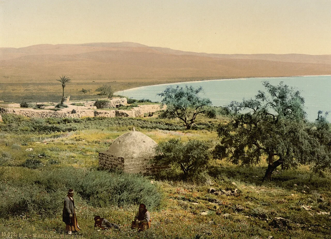 Photograph taken c. 1900 of al-Majdal, a village standing among the ruins of Magdala, Mary Magdalene's hometown[10][11][