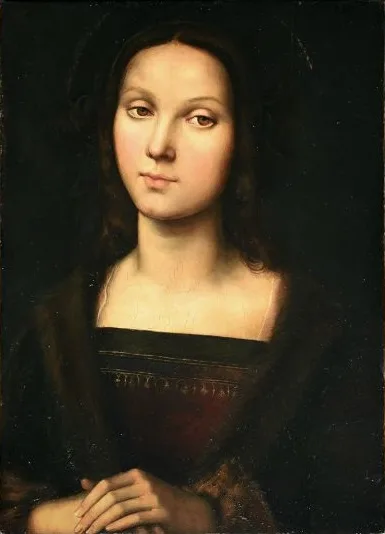 St. Mary Magdlene, wearing an austere yet elegant black dress, of fine material with faint gold embroidery, gives a knowing, wistful look as she clasps her hands. Painted the year Raphael met Leonardo da Vinci, and perhaps shows his influence.
