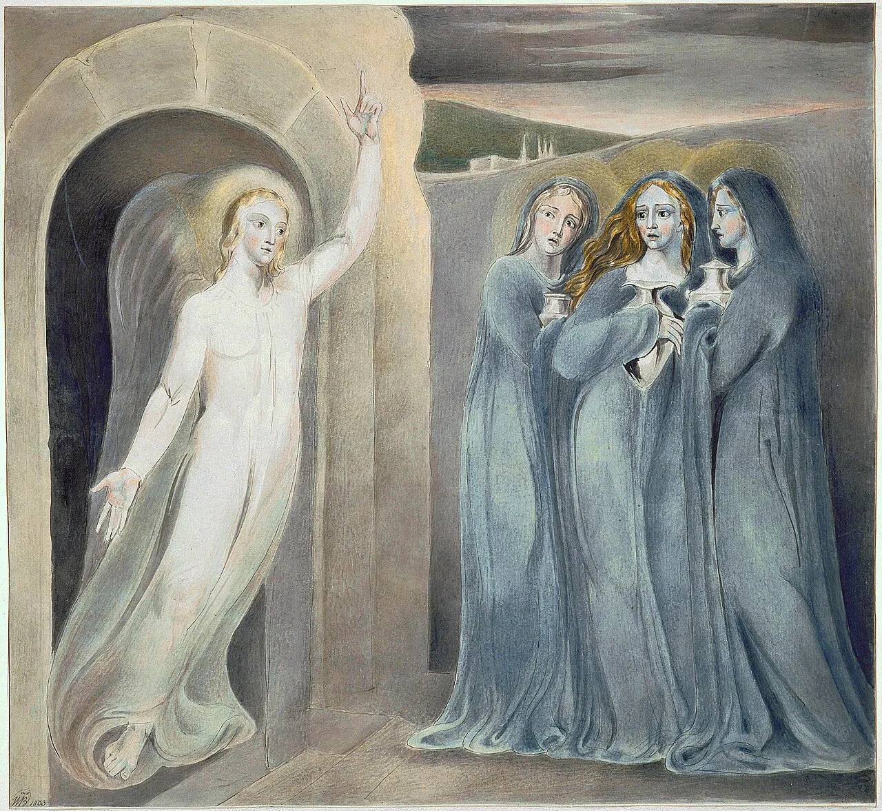 Christ emerges from the tomb, with a white gold halo, wearing translucent white robes. The three Marys, wearing french blue robes, with faint gold halos, stand aside. Beyond them in the distance, the sky darkens over a green hill.