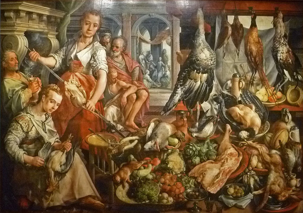 Martha preparing the meal while (in the background) Mary of Bethany sitting at Jesus' feet; painting (1566) by Joachim B